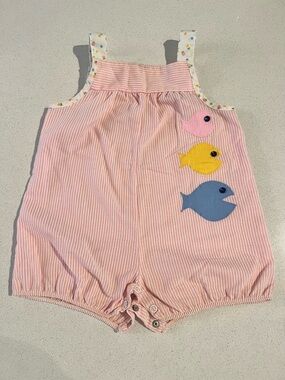 Vintage Children's Striped Pink Fish Appliqué Romper ToddleTime 1980s